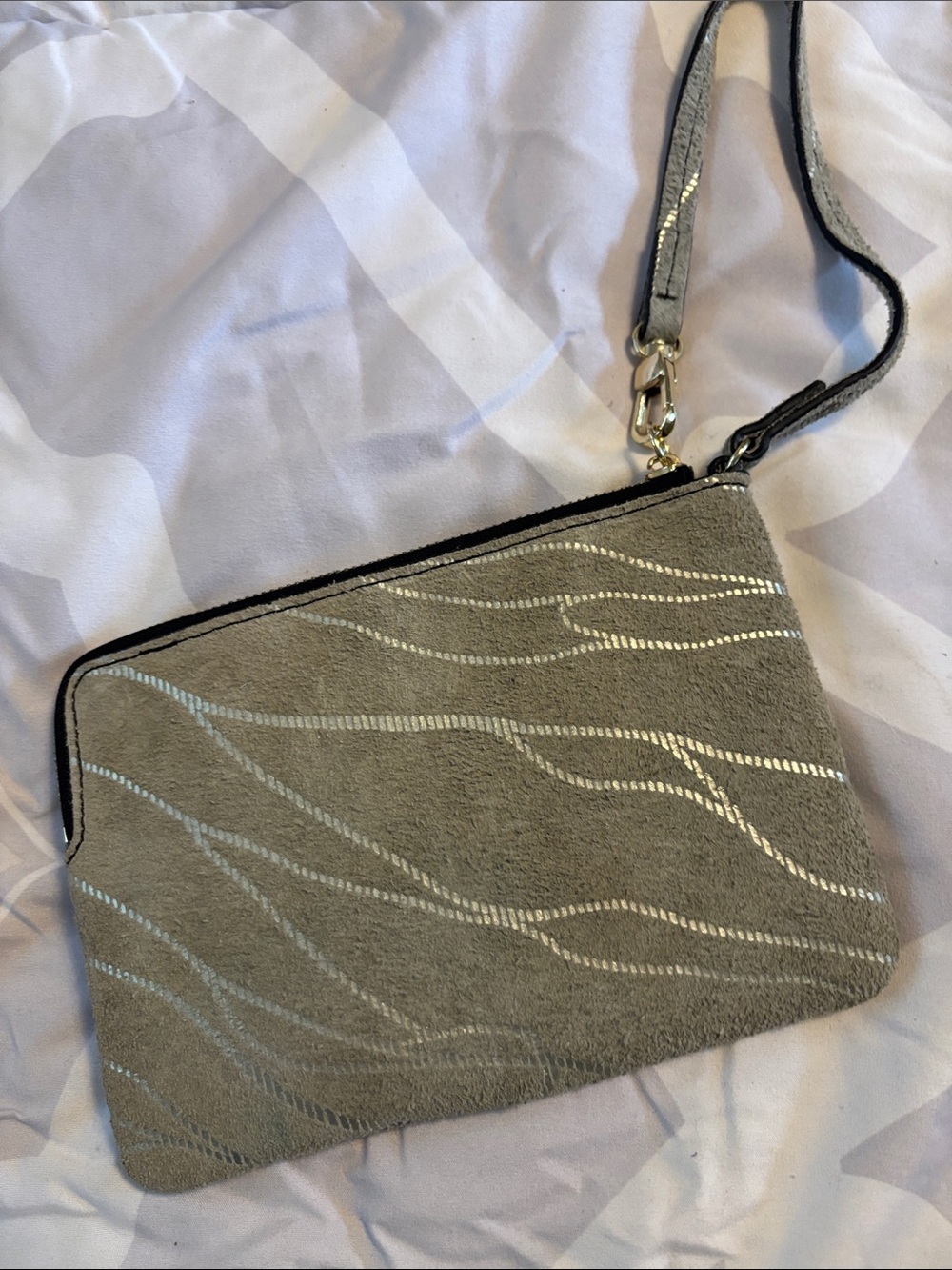Gray Suede Wristlet Clutch with Silver Wave Stitching